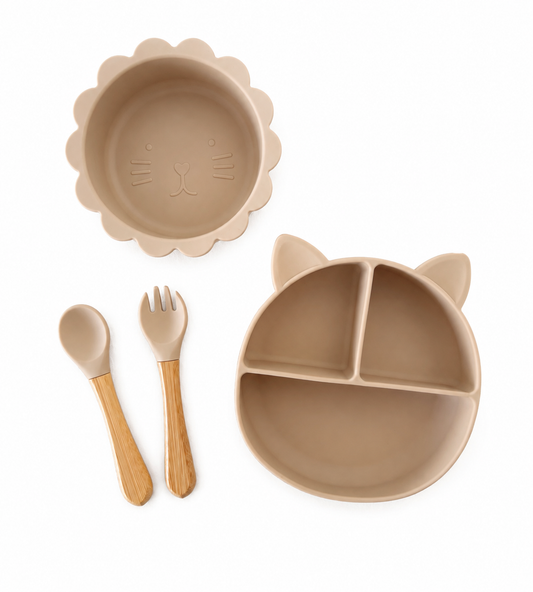 Set Picacomilón: Plato Divisiones + Vaso + Bowl Leon + Cuchara + Tenedor