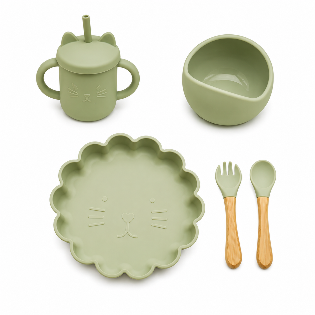 Set Picaglotoncito: Plato León + Vaso + Bowl + Cuchara + Tenedor