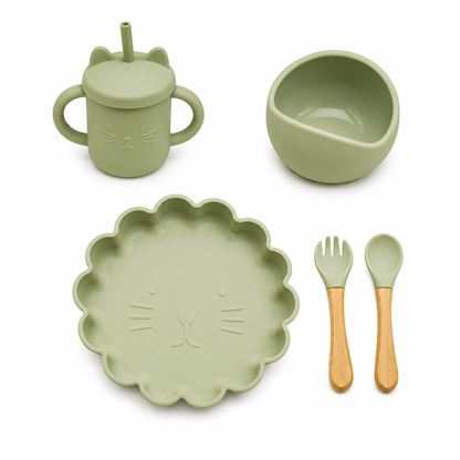 Set Picaglotoncito: Plato León + Vaso + Bowl + Cuchara + Tenedor