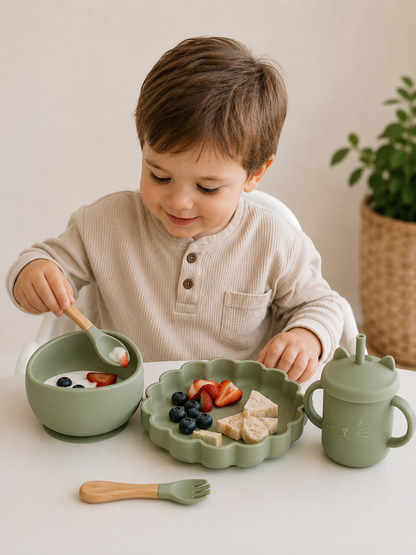 Set Picaglotoncito: Plato León + Vaso + Bowl + Cuchara + Tenedor